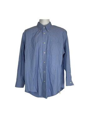 Lands End Mens Pinpoint Oxford Stripe Shirt Size 17-33 Long Sleeve Blue Cotton